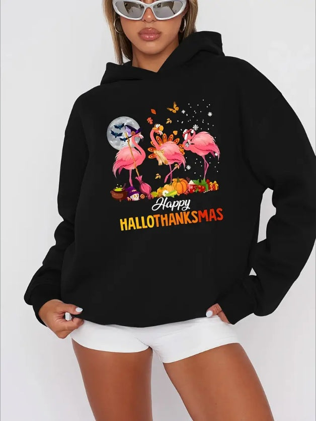 Flamingo Print Hoodie, Casual Hooded Sweatshirt, Women's Clothing