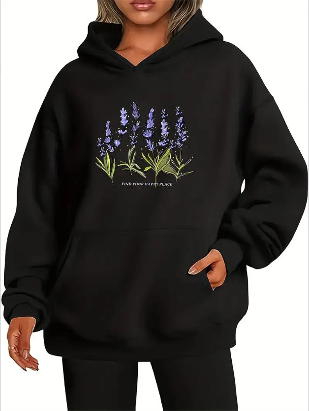 Lavender Flower Print Hoodie With Kangaroo Pockets - Women's Casual Long Sleeve Sweatshirt