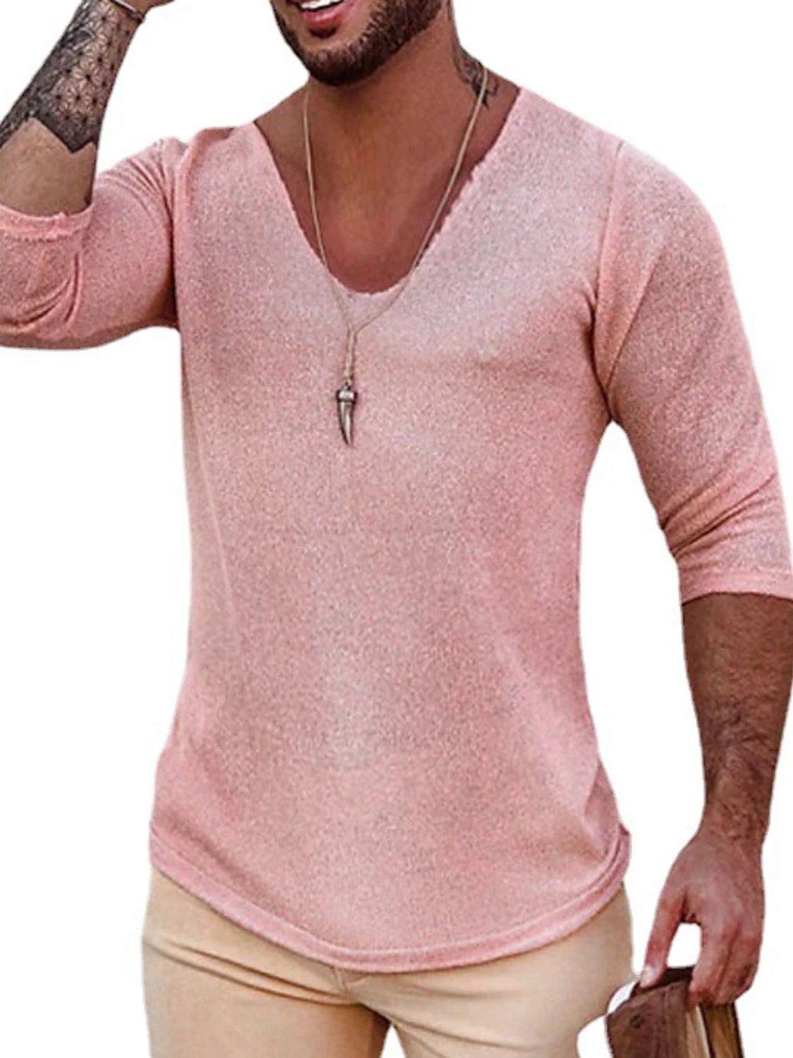 Men's Full Size V-Neck Long Sleeve T-Shirt Plus Size