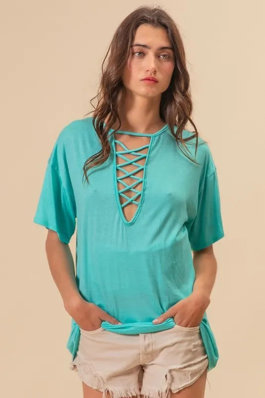 BiBi Jersey Knit Top with Criss Cross Front Neck Detail