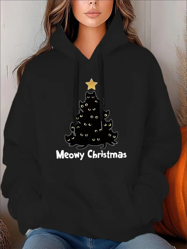 Holiday Cheer, Cozy Christmas Cat Tree Print Hoodie For Women - Casual Long Sleeve Pullover With Drawstring,, Perfect For Fall & Winter, Christmas Tree, Cat Print, Hooded Sweatshirt,