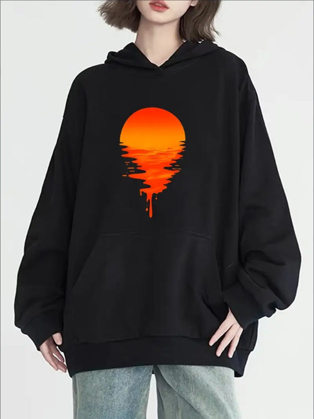 Sunset Print Hoodie, Casual Long Sleeve Kangaroo Pocket Hooded Sweatshirt, Women's Clothing