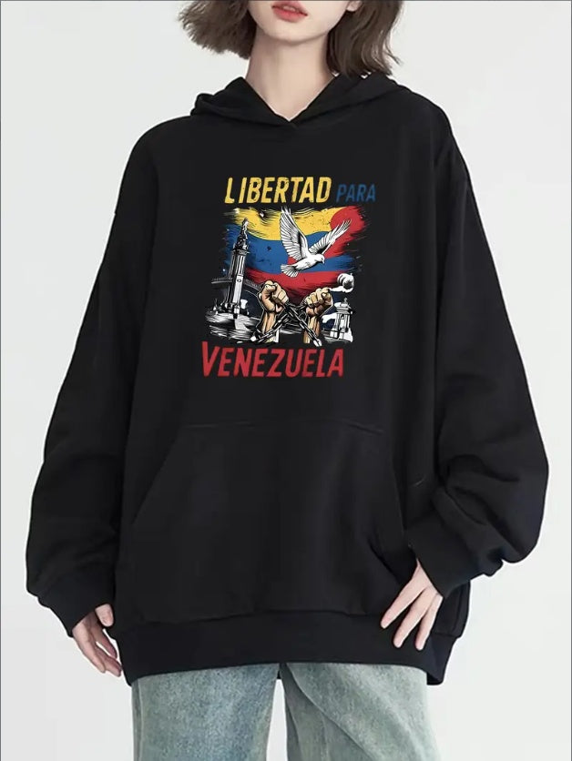 Women's Fashion 'Freedom Promotion' Venezuela-Inspired Hoodie - Long Sleeve, Round Neck With Pockets, Casual Pullover For Fall & Winter