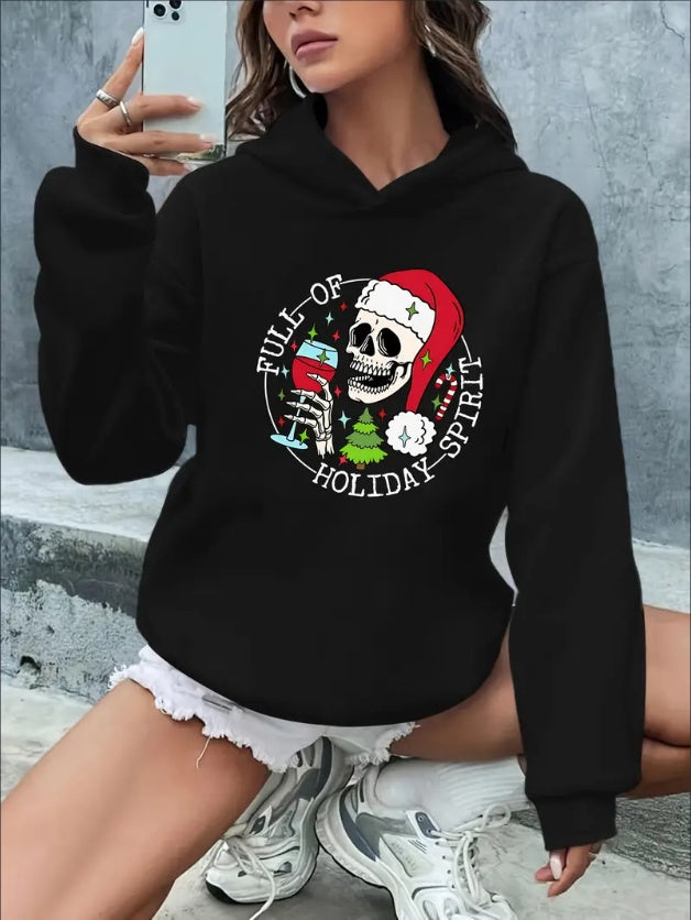 Women'S Christmas Graphic Hoodie - Casual Hooded Sweatshirt With Rib-Knit Collar, Festive Alphabet & Animal Print, Drawstring Closure, Holiday Themed Fall Winter Apparel Crafted C Clot