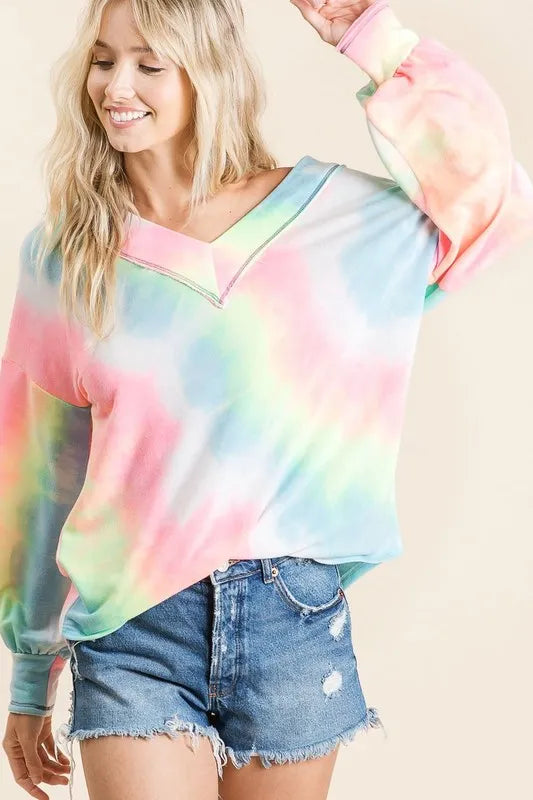 BiBi Tie Dye French Terry V-Neck Top with Puff Sleeves