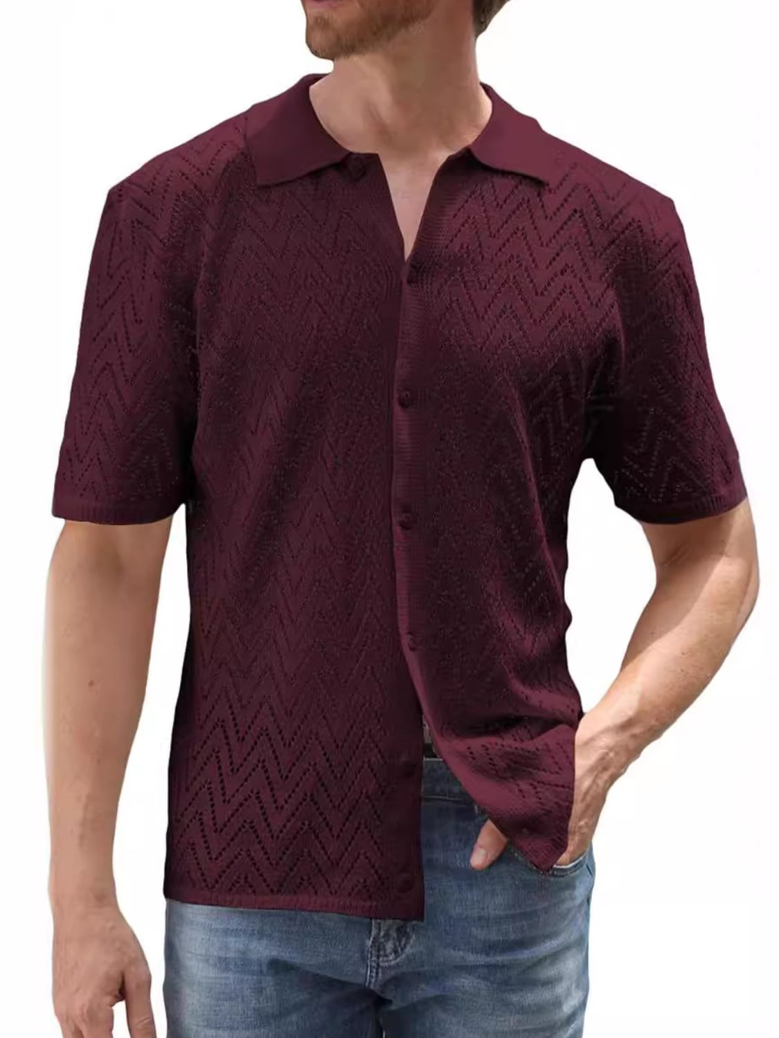 Men's Full Size Openwork Button Down Short Sleeve Shirt Plus Size