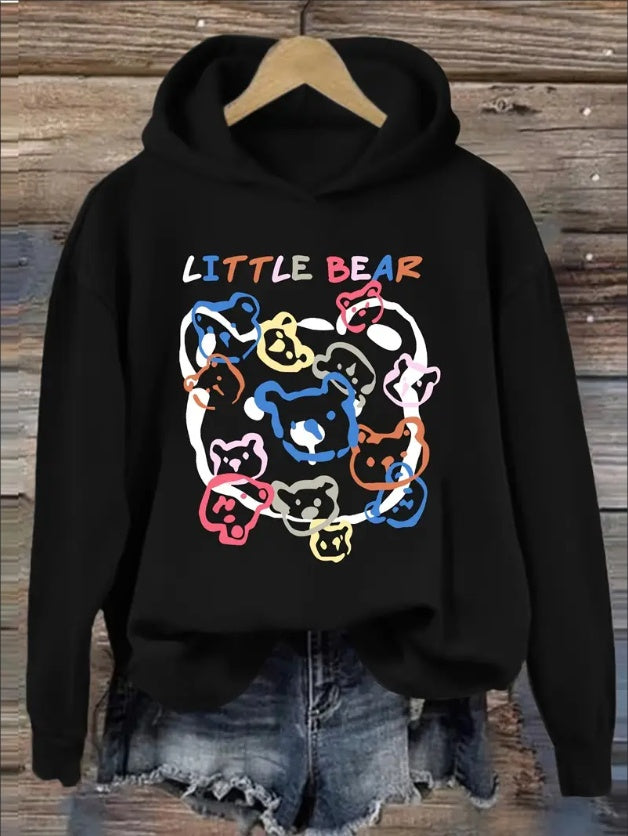 Women'S  Hoodie With Cartoon Little Bear Print, Casual Rib-Knit Hooded Sweatshirt, Alphabet & Animal Pattern, Fall Winter Fashion