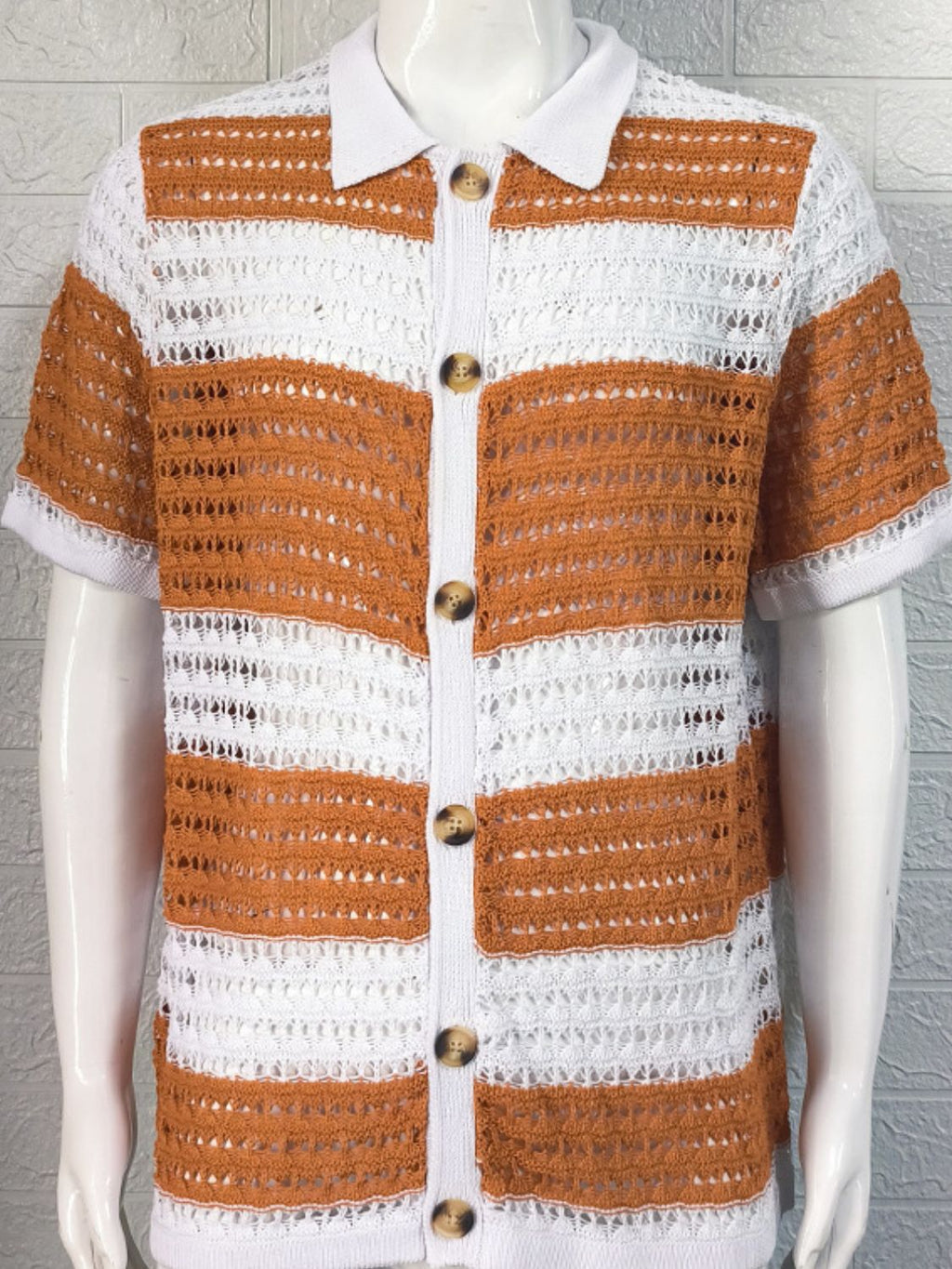 Men's Button Down Collared Neck Contrast Openwork Shirt