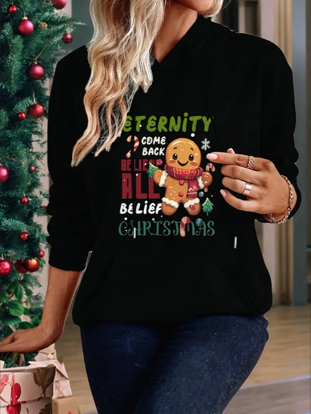 Women'S Christmas Dragon Print Long Sleeve Hoodie, Casual Style Polyester Pullover With Pocket, Loose Fit Hooded Sweatshirt For Spring Autumn