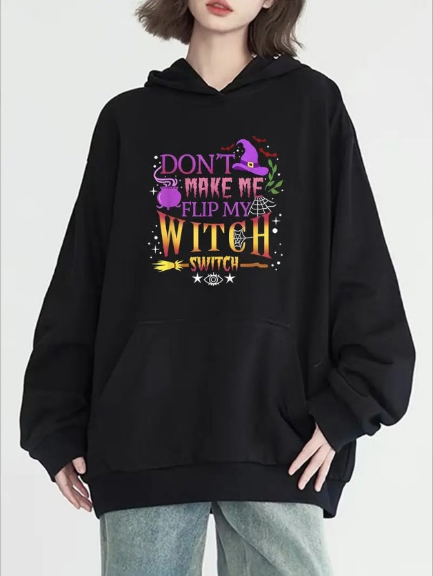 Plus Size Women's Witch Print Kangaroo Pocket Hoodie, Casual Long Sleeve Hoodies Sweatshirt, Women's Clothing