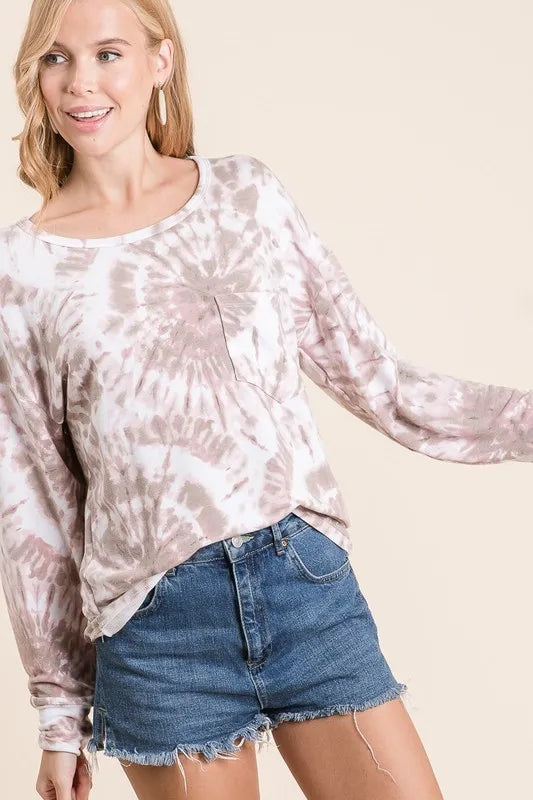 BiBi Tie Dye Print Terry Top with Front Patch Pocket