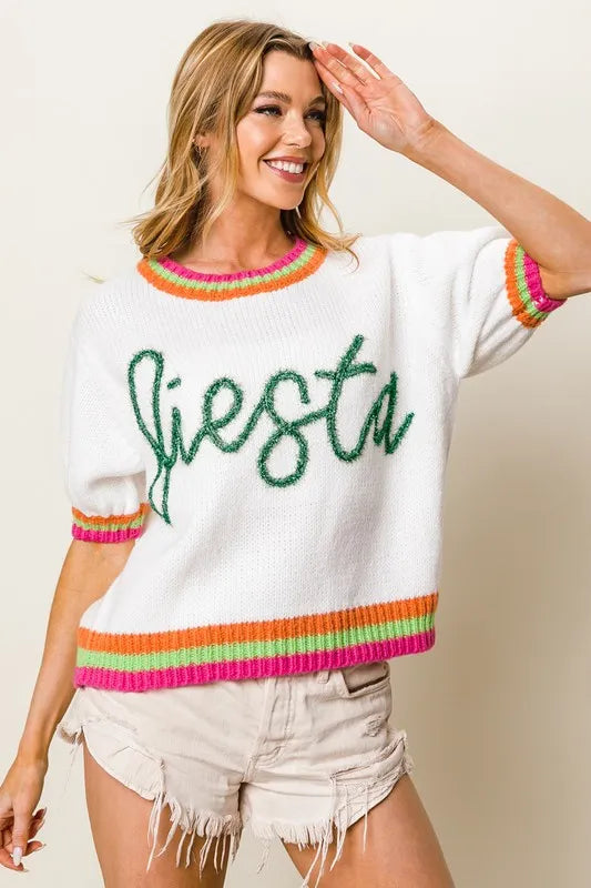 BiBi FIESTA Metallic Letter Short Puff Sleeve Sweater
