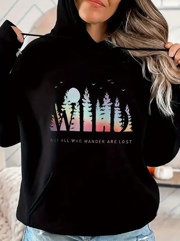 Trees Print Kangaroo Pocket Hoodie, Casual Long Sleeve Drawstring Hooded Sweatshirt, Women's Clothing