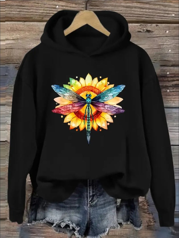 Women'S Polyester Hoodie With Vibrant Dragonfly & Floral Graphic Print - Casual Rib-Knit Hooded Sweatshirt For Fall Winter - Versatile Seasonal Fashion With Multiple Patterns