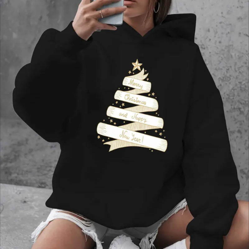 Plus Size Christmas Print Hoodie, Casual Kangaroo Pocket Long Sleeve Hooded Sweatshirt, Women's Plus Size Clothing