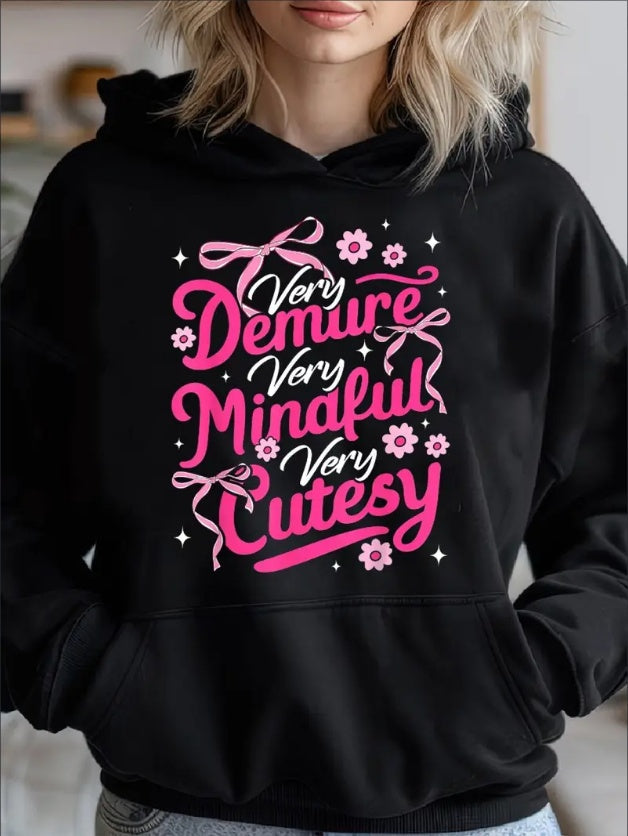 Retro Coquette Bow Very Demure Very Cutesy Very Mindful Cozy Classic Print Pullover Hoodie, Casual Long Sleeve Hoodie For Sprots