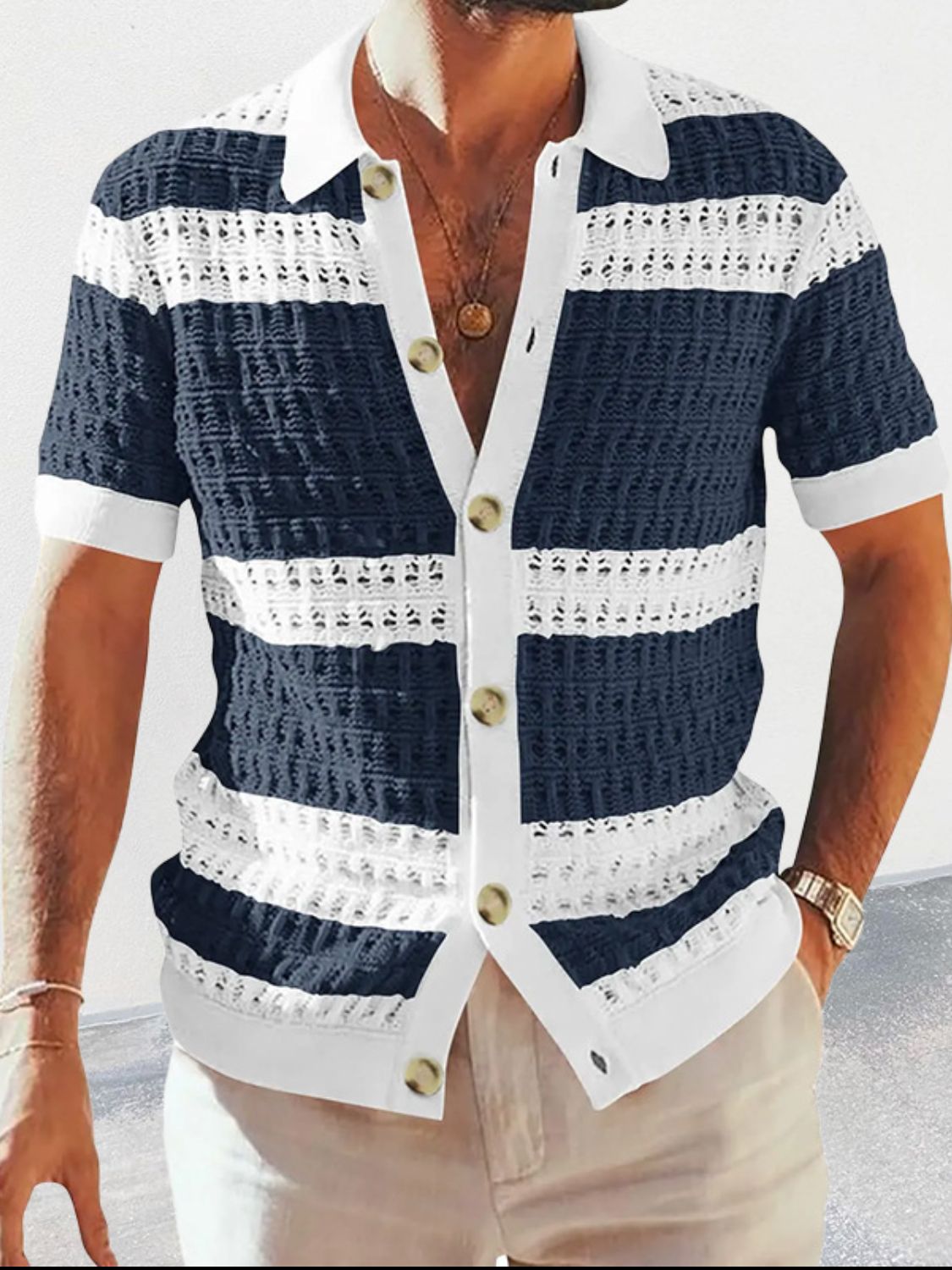 Men's Button Down Collared Neck Contrast Openwork Shirt