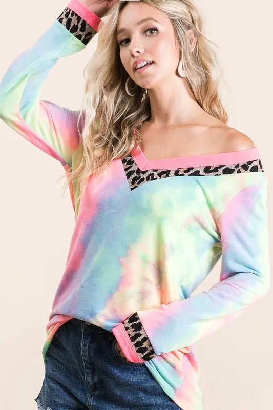 BiBi Tie Dye Terry V-Neck Top