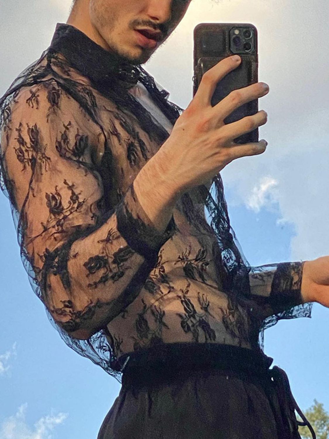 Men's Full Size Lace Long Sleeve Sheer Shirt Plus Size