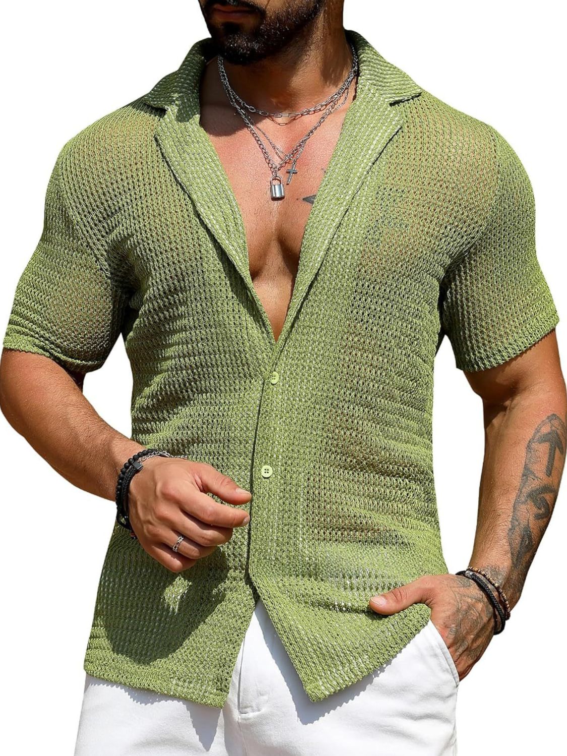 Men's Full Size Openwork Button Down Short Sleeve Shirt Plus Size