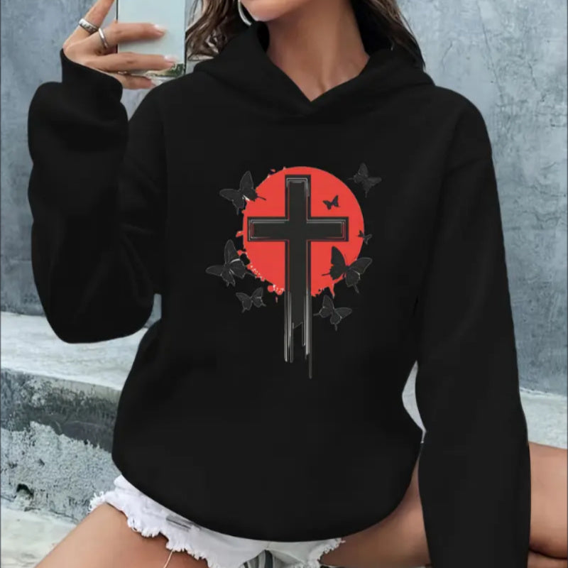 Women'S  Casual Hoodie With Graphic Print - Rib-Knit Hooded Sweatshirt With Alphabet, Animal, And Architectural Patterns For Fall Winter - Knit Fabric Hooded Top With Drawstring