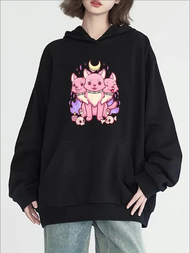 Women's Casual Hooded Sweatshirt With Pink Cat Graphic Print, Long Sleeve Pullover With Pocket,Solid Color Hoodie For All Seasons