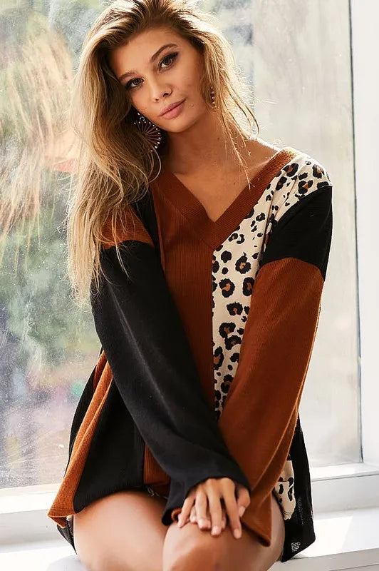BiBi Brushed Thermal Color Block Top With Leopard