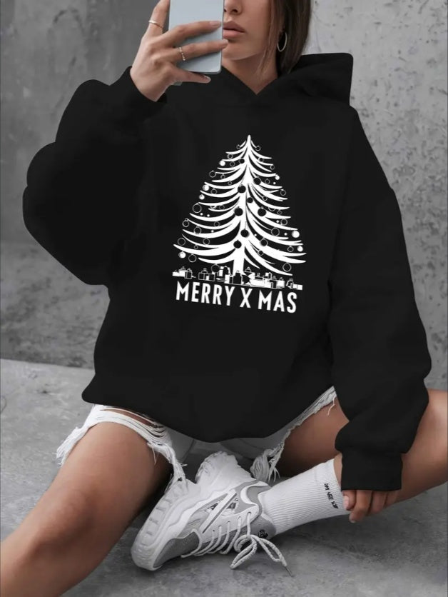 Women'S Plus Size Merry Christmas Tree Graphic Hoodie - Casual Pullover Oversized Hooded Sweatshirt With Pockets For Fall Winter