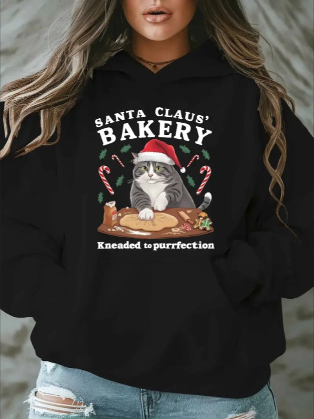Women'S Plus Size Christmas Cat Hoodie - Santa Claus Bakery Graphic Hooded Sweatshirt, Casual Pullover With Pockets, Fall Winter Oversized Long-Sleeve Top