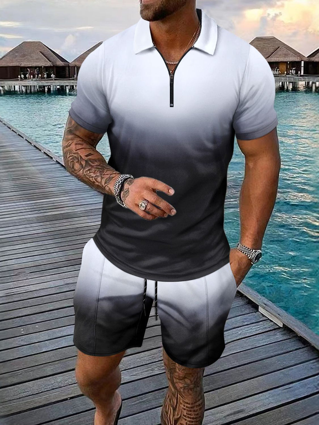 Men's Full Size Gradient Collared Neck Top and Shorts Set Plus Size