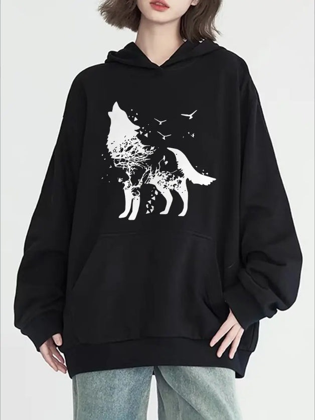 Women'S Fashion Wolf Totem Print Hoodie, Long Sleeve, Crew Neck, With Pocket, Casual Pullover Sweatshirt,All Seasons