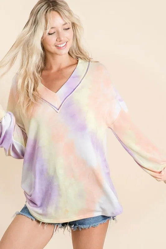BiBi Tie Dye French Terry V-Neck Top with Puff Sleeves