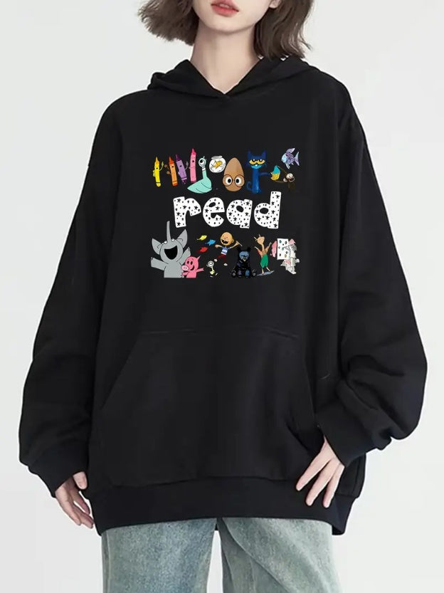 Cozy Cartoon Print Hoodie With Kangaroo Pocket - Casual Long Sleeve Pullover For Women  Perfect For Fall & Winter Outdoor Activities