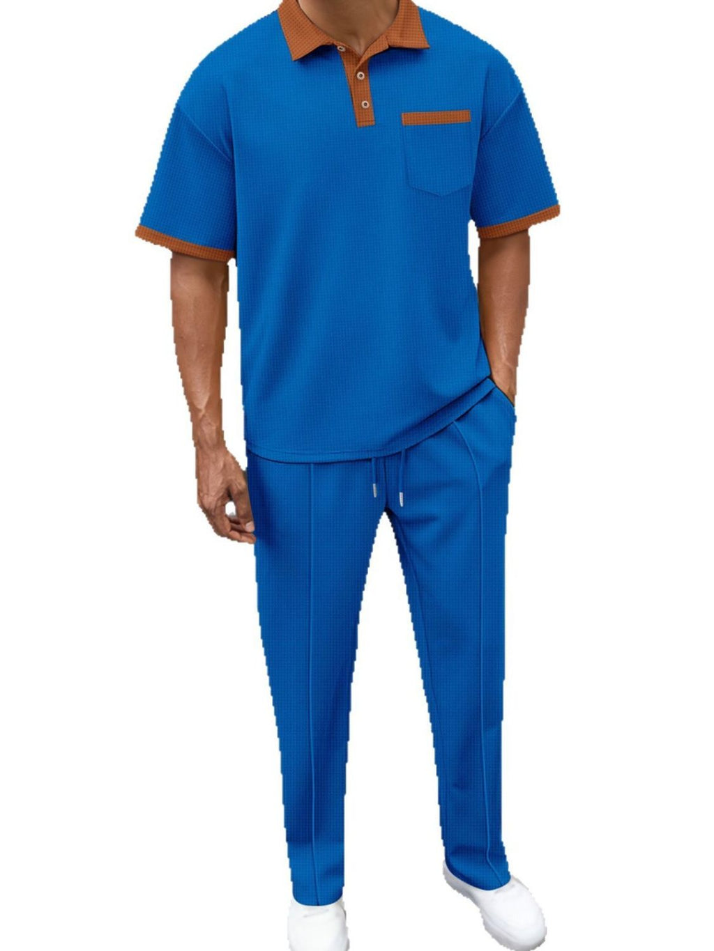 Men's Full Size Waffle-Knit Contrast Polo and Pants Set Plus Size