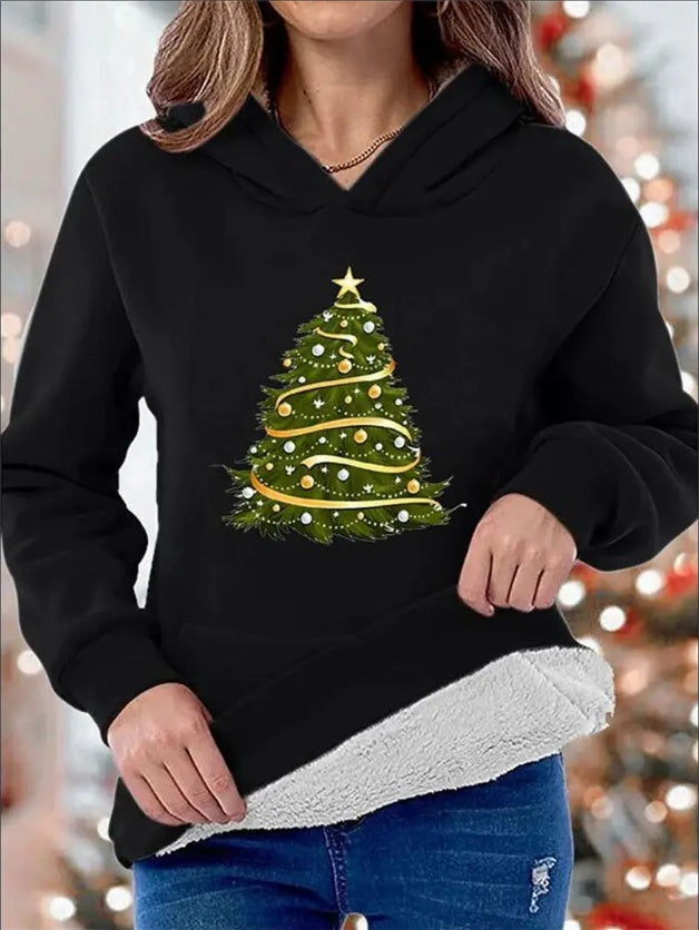 Women'S Christmas Tree Print Hoodie - Casual  Long Sleeve Pullover With Fleece Lining, Drawstring Hood, And Front Pocket - All-Season Knit Fabric Sweatshirt With Festive Alphabet Pattern