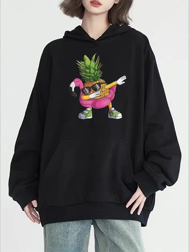 Women's Casual Hoodie With Unique Pineapple Print & Kangaroo Pocket - Cozy , Machine Washable