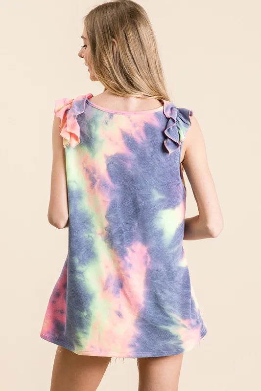 BiBi Tie Dye French Terry V Neck Top with Ruffle