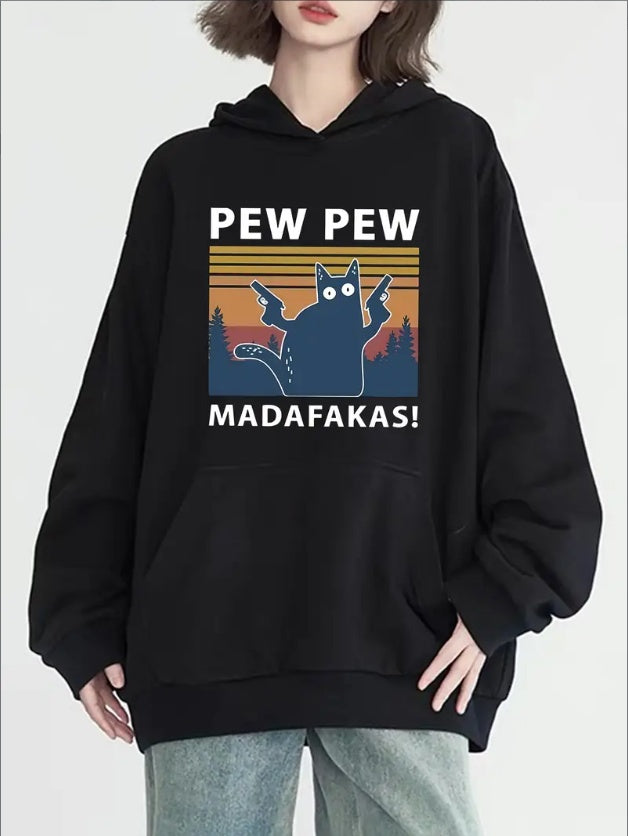 Cat Print Kangaroo Pocket Hoodie, Casual Long Sleeve Hoodies Sweatshirt, Women's Clothing