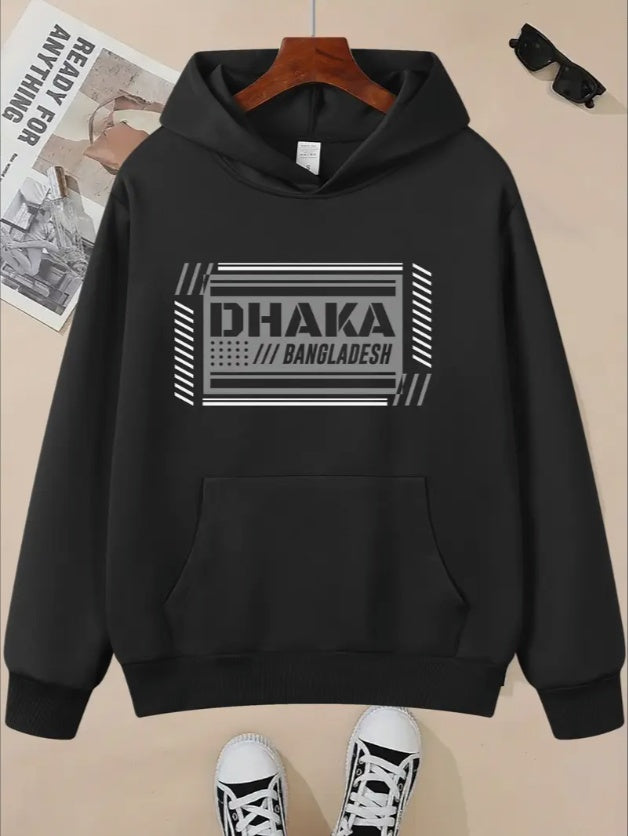 Casual Women's Graphic Print Kangaroo Pocket Hoodie, Long Sleeve Sweatshirt With Dhaka Bangladesh Design
