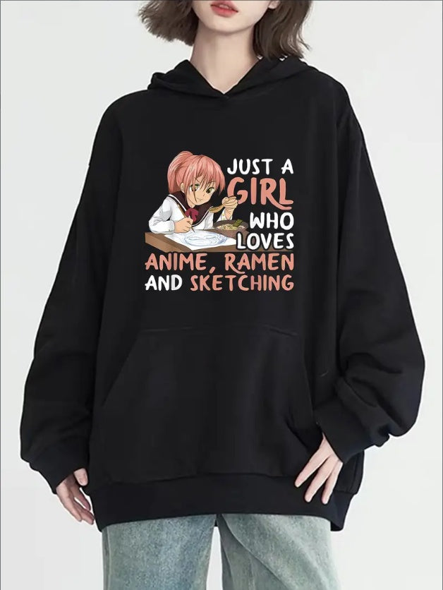Anime & Sketching Themed Hoodie For Women - Casual  Pullover With Hood, Long Sleeves, Solid Color & Front Pocket For All Seasons