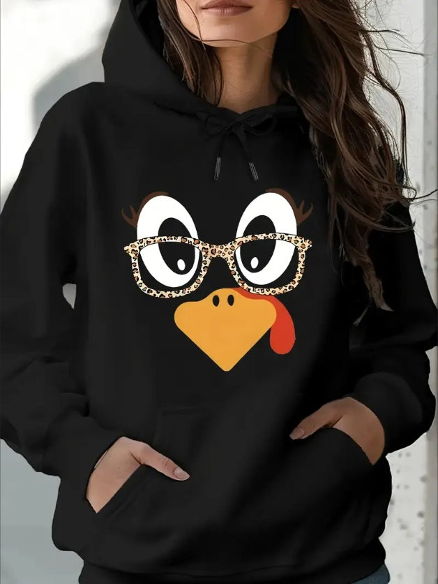 Women'S Cartoon Turkey Print Hoodie With Kangaroo Pocket - Casual Long Sleeve Pullover With Drawstring Hood, Knit Fabric, Regular Fit Hooded Sweatshirt For All Seasons