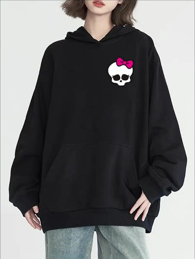 Women's Casual Long Sleeve Hoodie With Kangaroo Pocket -  Hooded Collar, All-Season, Cartoon Skull Print Active Sweatshirt