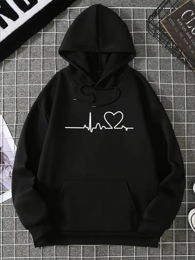 Women's Heart Print Hooded Pullover Sweatshirt With Kangaroo Pocket, Long Sleeve Drawstring Hoodie, Plush Lined, Thermal Wear
