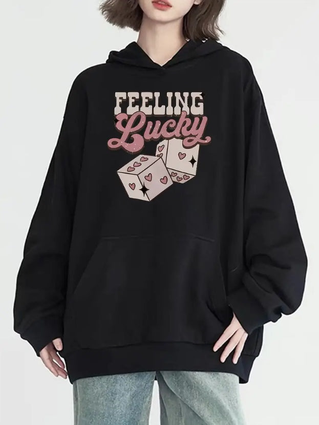 Women's Casual Hoodie With Dice Print & Kangaroo Pocket - Long Sleeve, Machine Washable