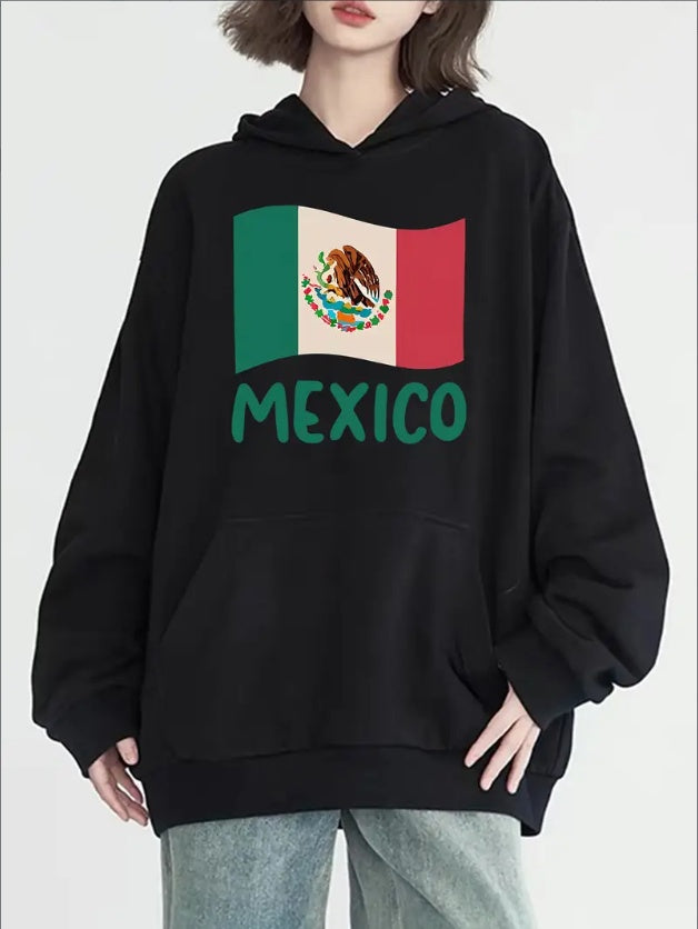 Women's Casual Hoodie With Mexican Flag Print & Kangaroo Pocket - Long Sleeve, Machine Washable
