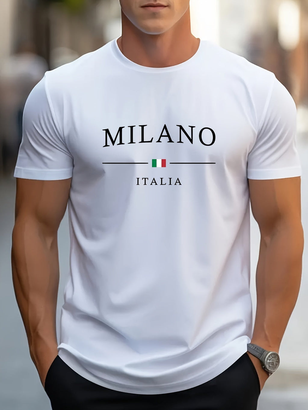 Milano Patterned Printed Men's T-shirt, Comfortable And Elastic Round Neck T-shirt, Perfect For Summer Outdoor Activities, Fashionable Streetwear, Men's Casual Tops