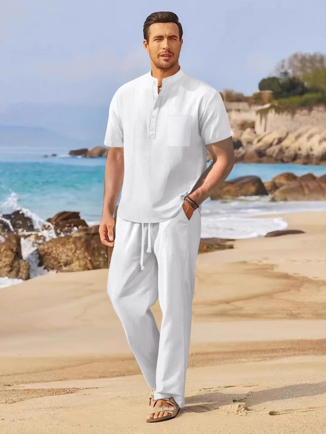 Men's Full Size Half Button Top and Drawstring Pants Set Plus Size