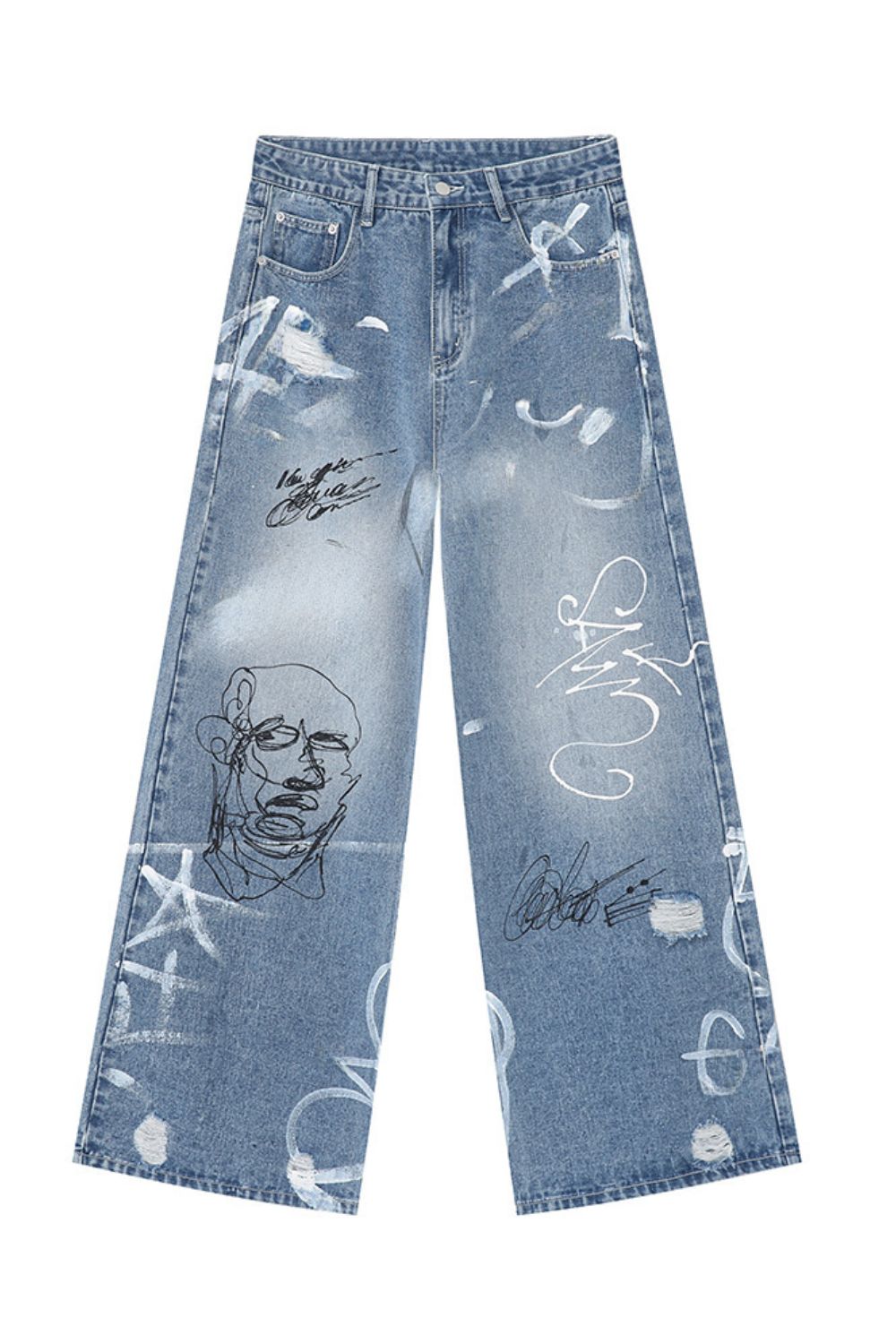 Mid Rise Graffiti Print Distressed Wide Leg Jeans