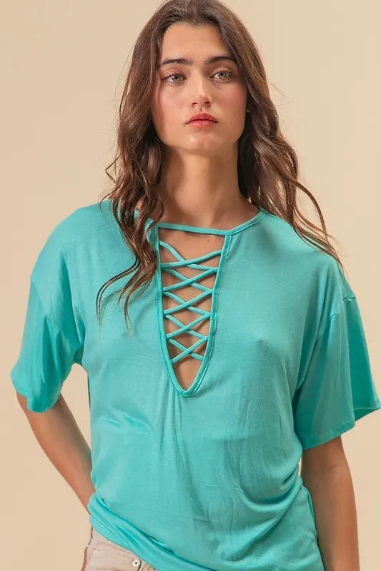 BiBi Jersey Knit Top with Criss Cross Front Neck Detail