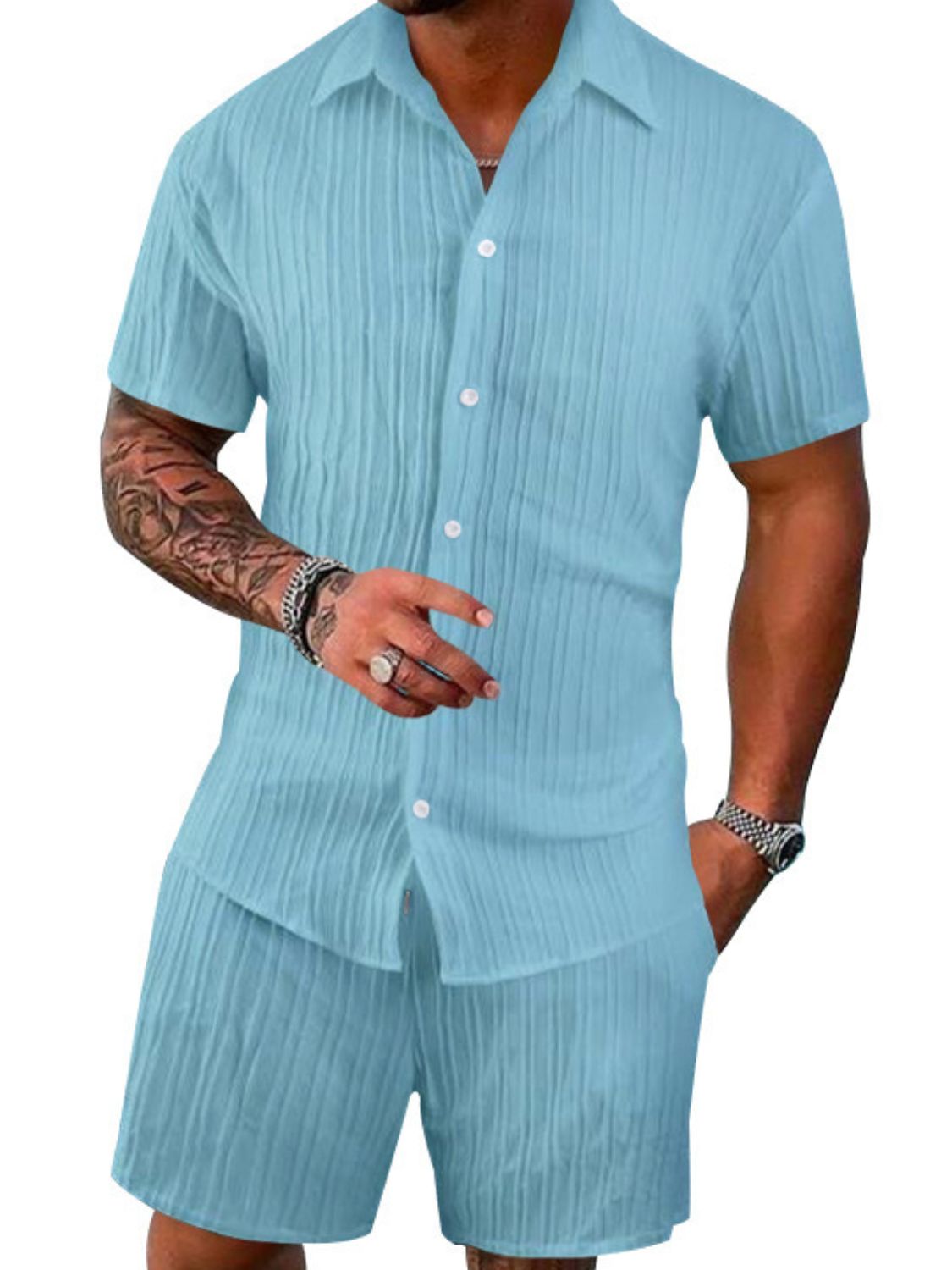 Men's Full Size Button Down Short Sleeve Shirt and Shorts Set Plus Size